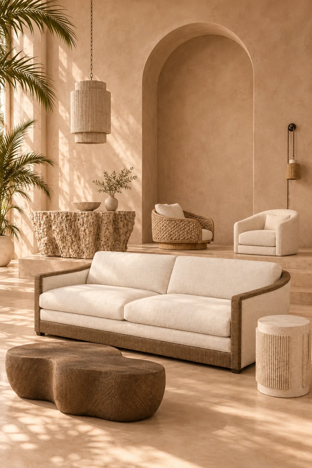 The Beach House at Decorex 2026 — a sunlit arch of textured plaster above woven rope seating, cream upholstery and a carved wooden coffee table