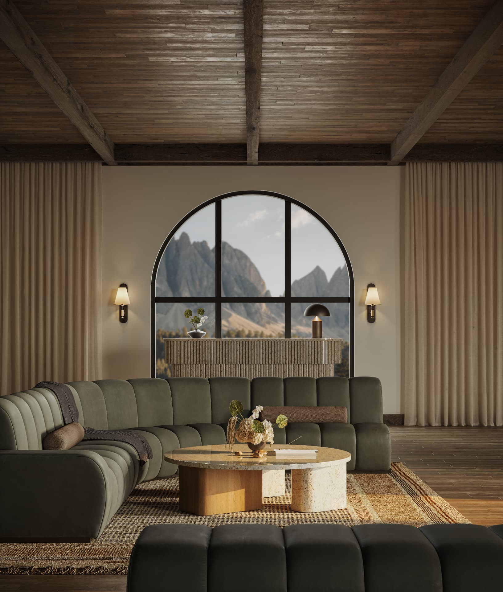 An olive green leather channel-tufted sectional sofa in a living room with a beamed ceiling and arched window