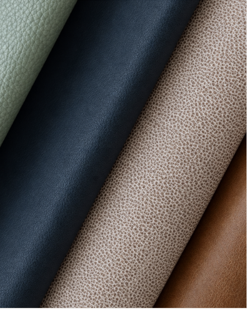 Jerry Pair Leather hides showing plain, distressed and patterned finishes
