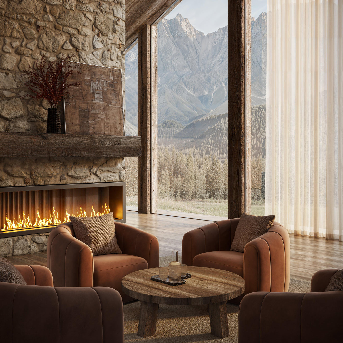 A stone-and-timber lounge furnished in warm cognac leather
