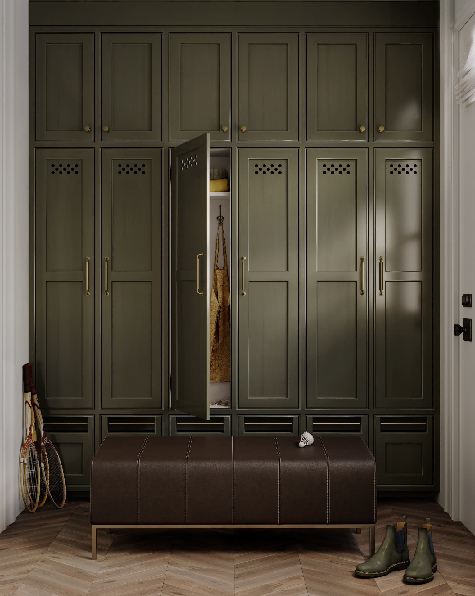 A walnut leather bench in a deep green mudroom with tall lockers