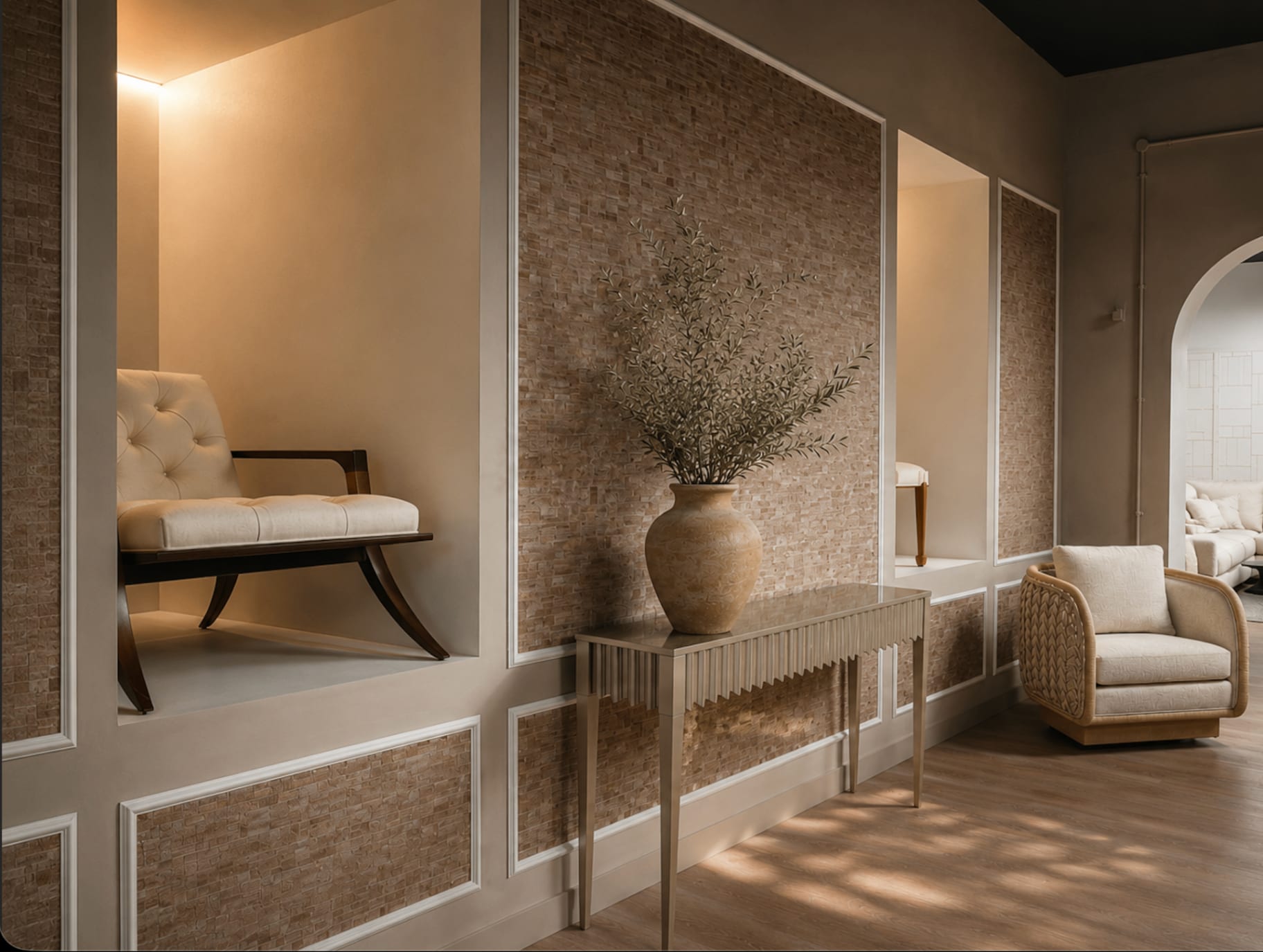 A still, sunlit room — moss linen seat, travertine, the language of the house