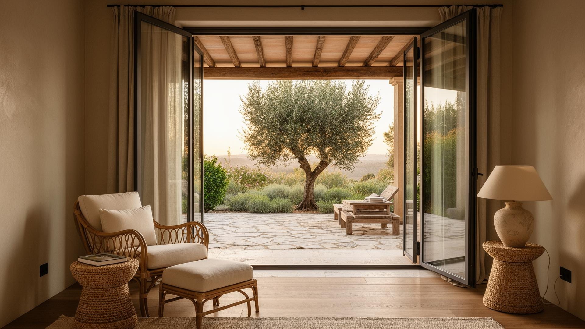 A still corner of a sunlit interior — linen, grasscloth, travertine and brass