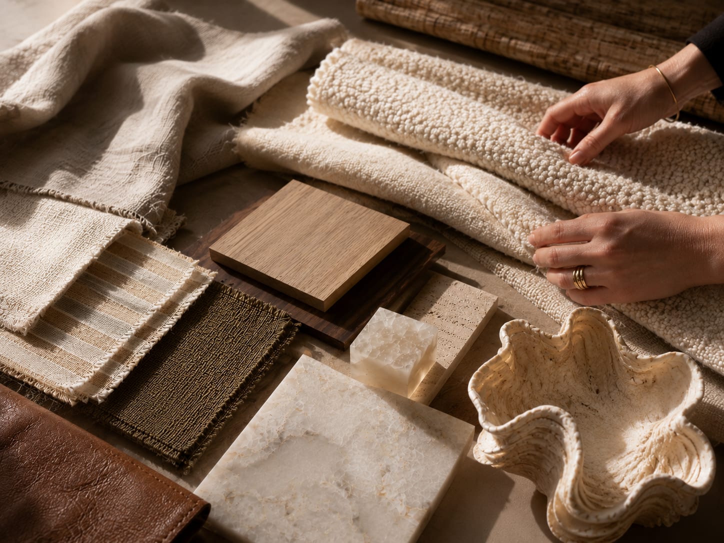 Layered cloth, fibre and wood gathered on the atelier table